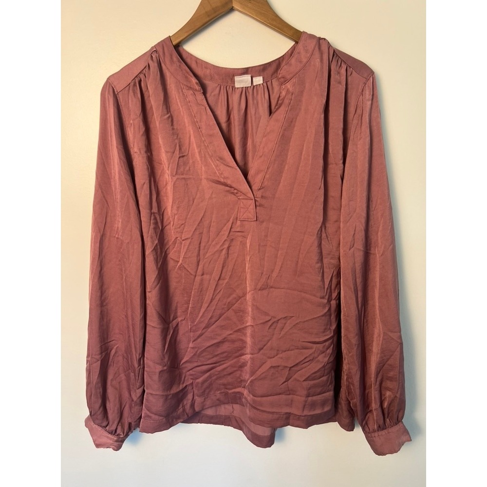 Gap Blouse Wm L Pink V-Neck Long Sleeve Satin Sheen Pleated Top Office Corporate